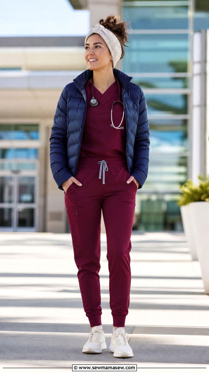 Burgundy Scrubs With Puffer Jacket Doctor Outfit - 25 Female doctor outfit ideas