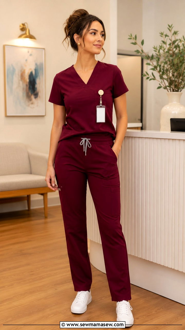 Burgundy Scrubs with Gold Toned Accessories Outfit - 30 Scrubs outfit ideas for nurses