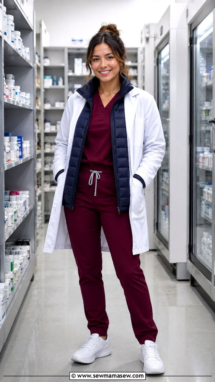 Burgundy Scrubs with Navy Puffer Jacket for Pharmacist - 25 Pharmacist outfit ideas