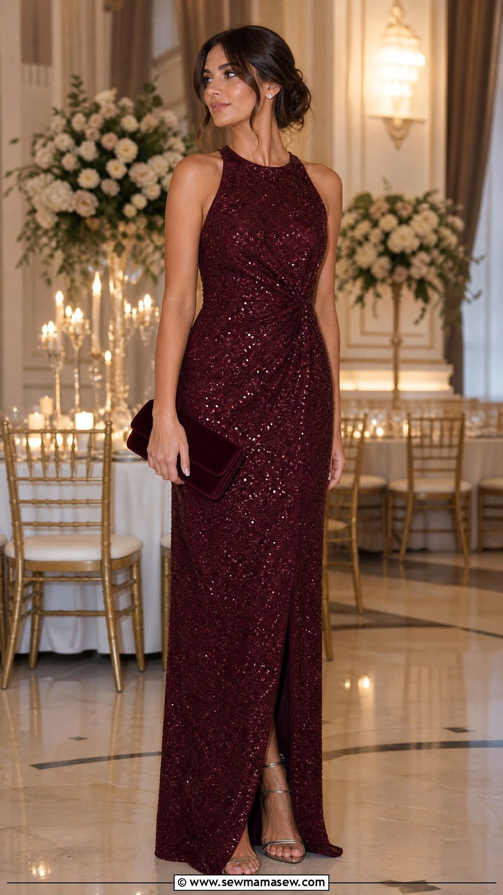 Burgundy Sequin Gown With Velvet Clutch - 25 Burgundy wedding guest dress outfit ideas