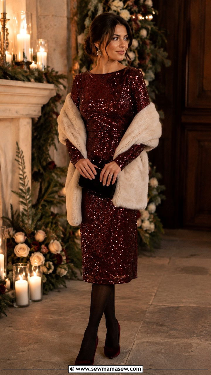 Burgundy Sequin Long Sleeve Dress With Faux Fur Wrap - 20 Wedding guest outfit ideas sequin dress