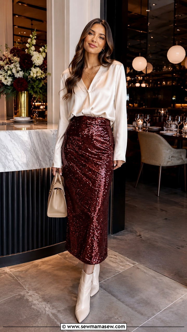 Burgundy Sequin Skirt With Cream Blouse And Heeled Boots - 25 Sequin skirt outfit ideas for party