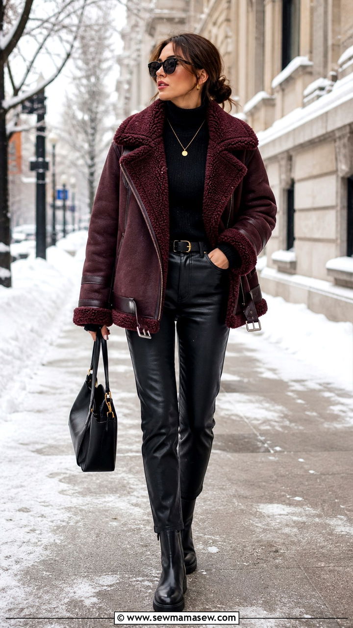 Burgundy Shearling Jacket with Black Outfit - 40 Shearling jacket outfit ideas