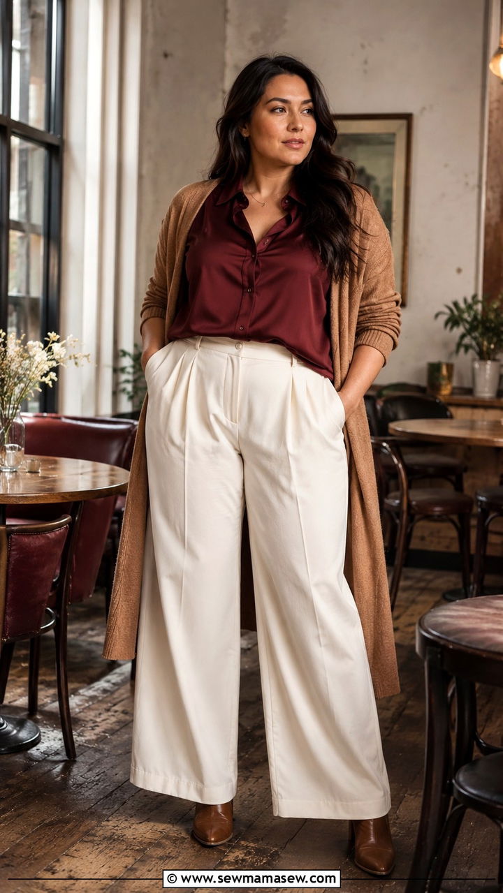 Burgundy Silk Blouse and Wide Leg Trousers Outfit - 30 Old money outfits for curvy women
