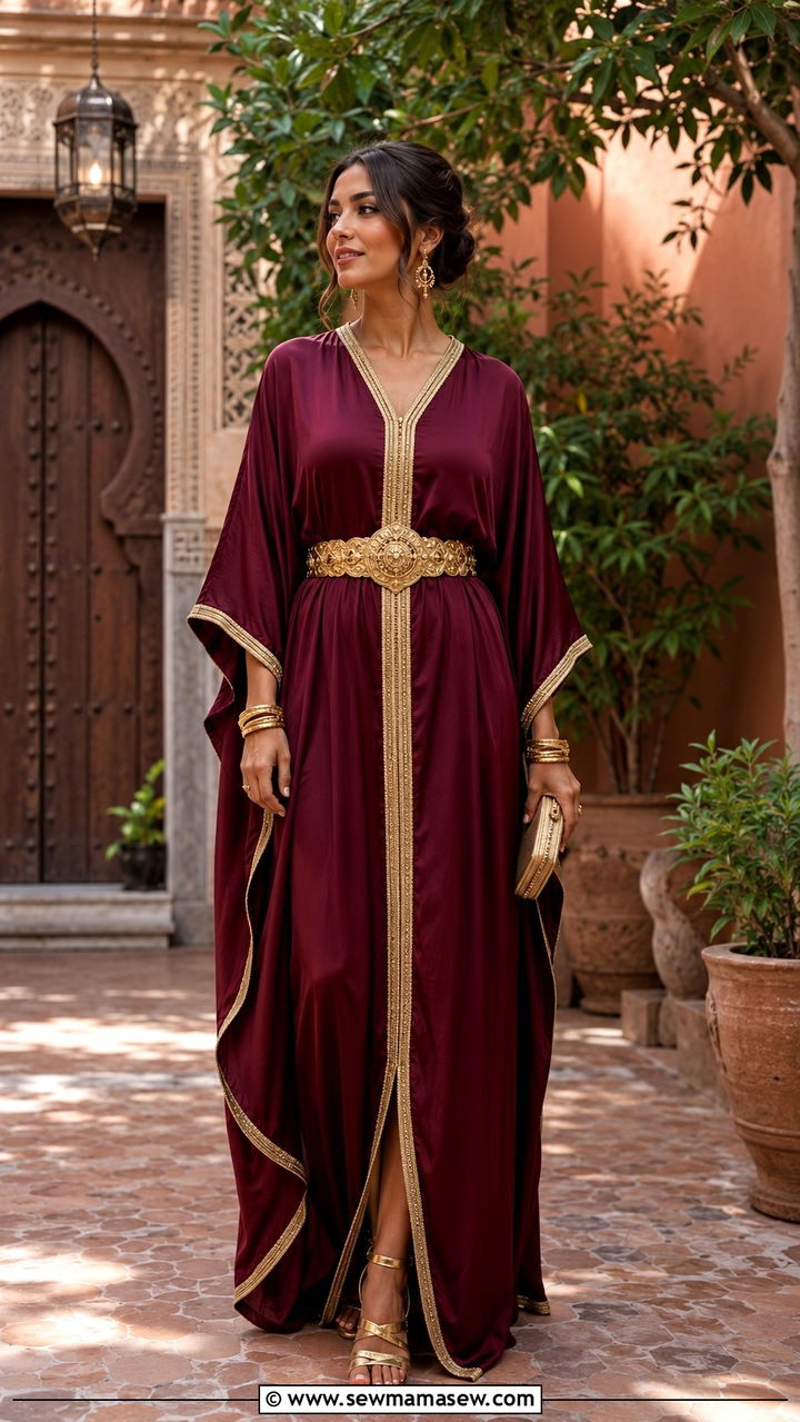 Burgundy Silk Kaftan with Gold Accessories - 25 Wedding guest outfit ideas Moroccan wedding