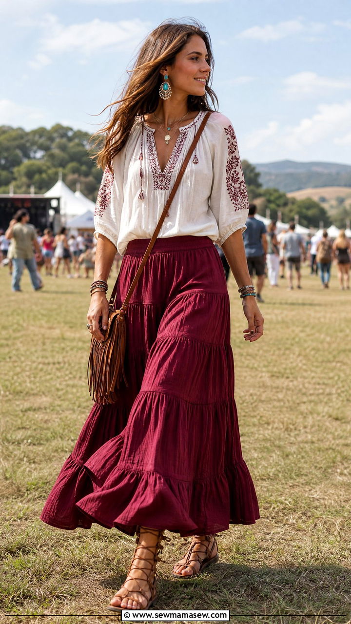 Burgundy Skirt With Peasant Blouse - 30 Summer outfits in burgundy