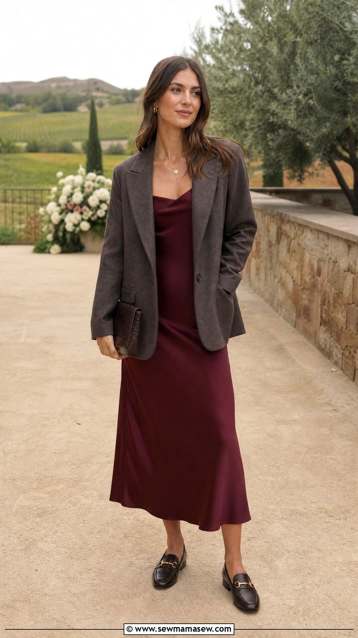Burgundy Slip Dress With Wool Blazer And Leather Loafers - 25 How to style a slip dress for a wedding