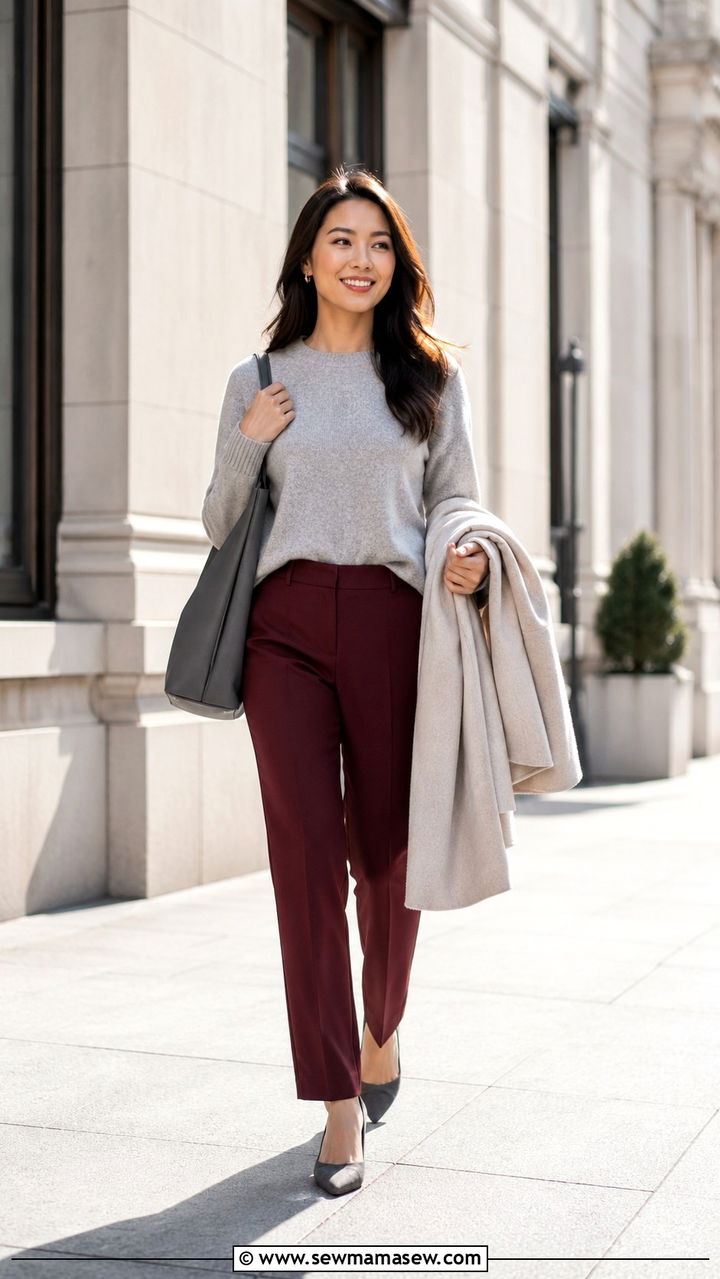 Burgundy Straight Leg Pants With a Gray Cashmere Sweater - 25 Petite work outfit ideas with pants