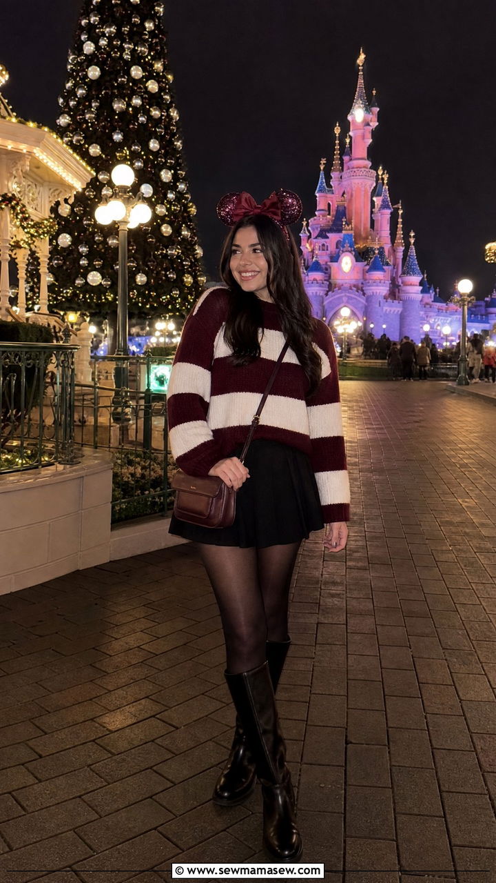 Burgundy Striped Sweater and Mini Skirt Winter Disney Outfit - 30 Disneyland Paris outfit ideas