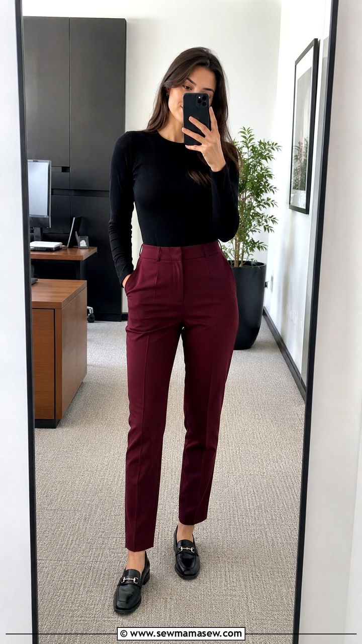Burgundy Suit Pants With Black Long Sleeve Top - 25 Professor outfit ideas