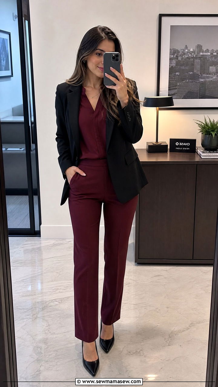 Burgundy Suit Pants With Matching Blouse - 25 Investment banker outfit ideas