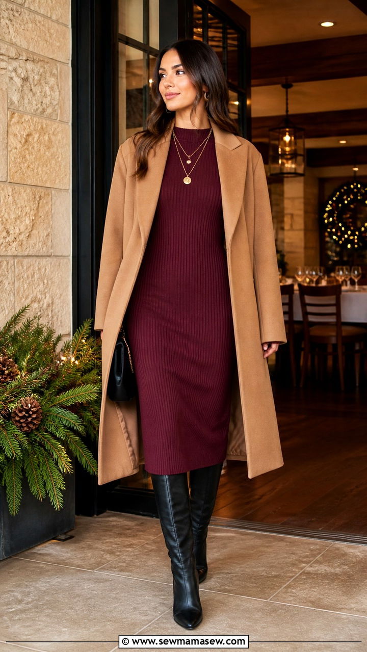 Burgundy Sweater Dress With Knee High Boots - 40 sweater dress outfit ideas