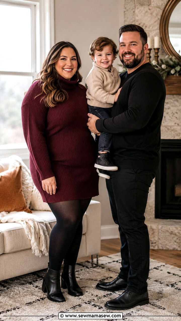 Burgundy Sweater Dress With Opaque Tights And Ankle Boots - 30 Plus size outfit ideas for family photos