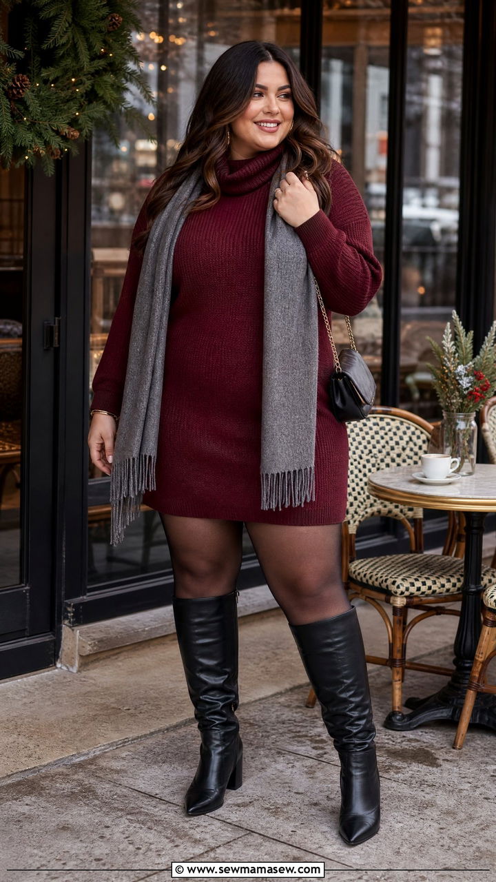 Burgundy Sweater Dress and Knee High Boots - 30 Plus size brunch outfits