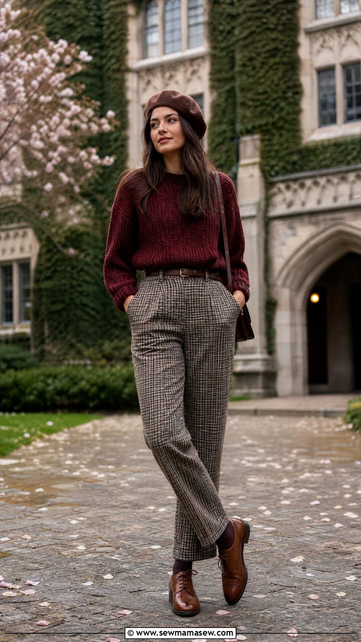 Burgundy Sweater With Plaid Trousers Outfit - 30 Dark academia spring outfits