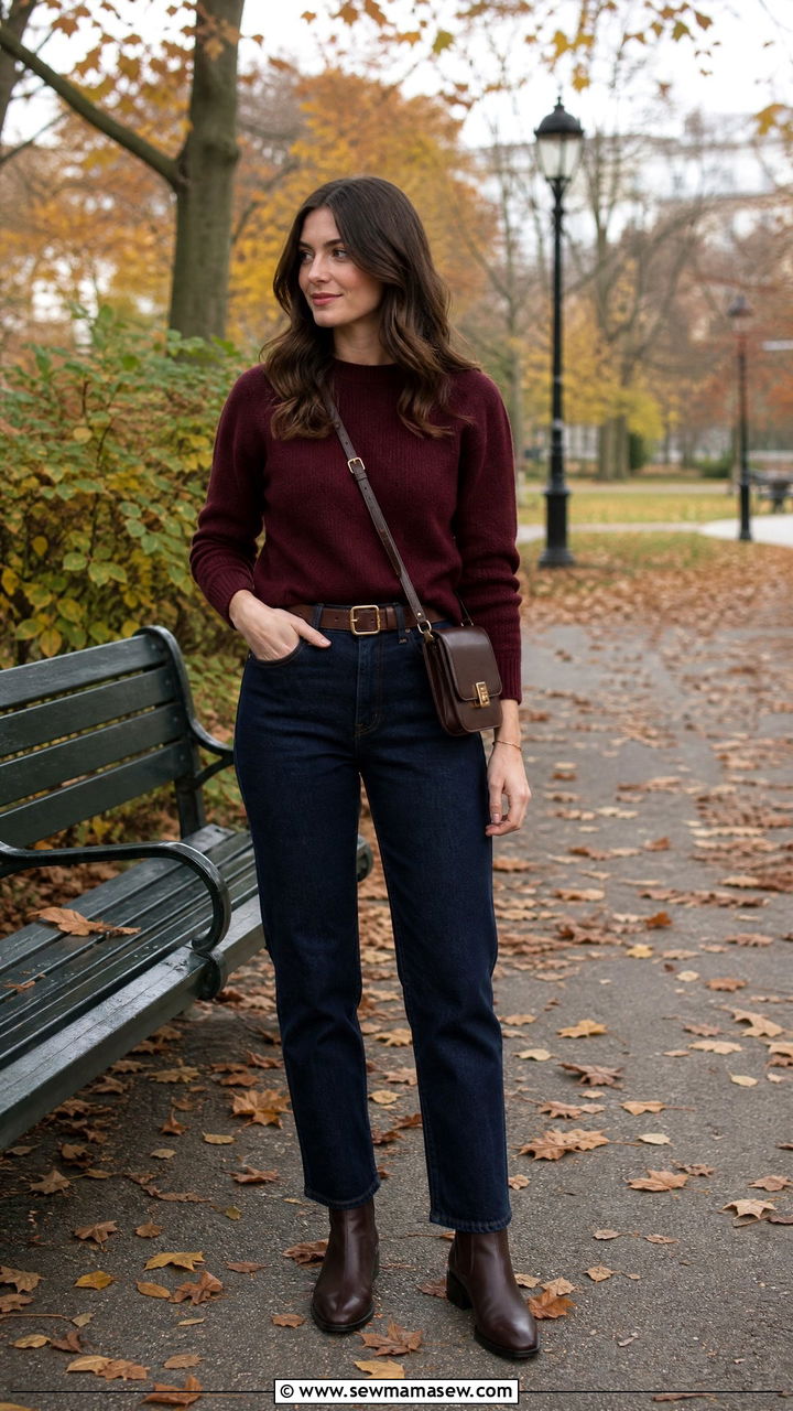 Burgundy Sweater and Dark Denim - 25 Old money outfit ideas budget
