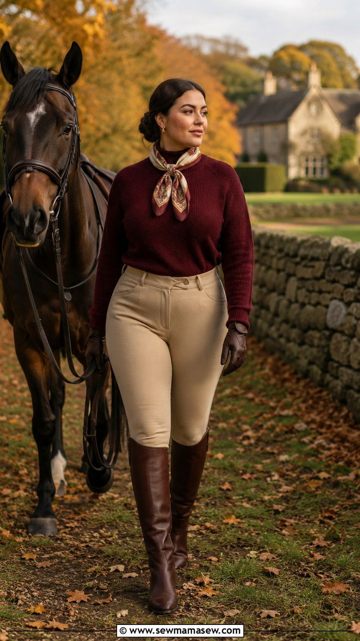 Burgundy Sweater and Riding Pants Outfit - 30 Old money outfits for curvy women