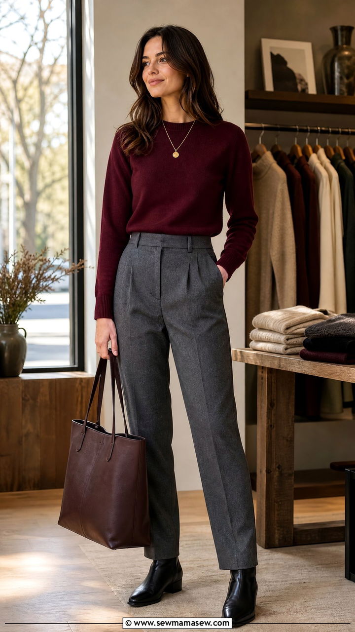 Burgundy Sweater with Grey Wool Trousers Outfit - 30 Retail work outfit ideas
