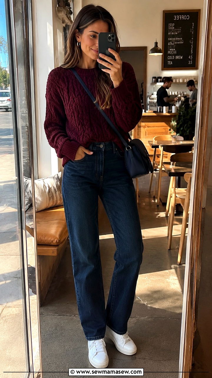 Burgundy Sweater with Navy Jeans - 25 Navy and burgundy outfit ideas