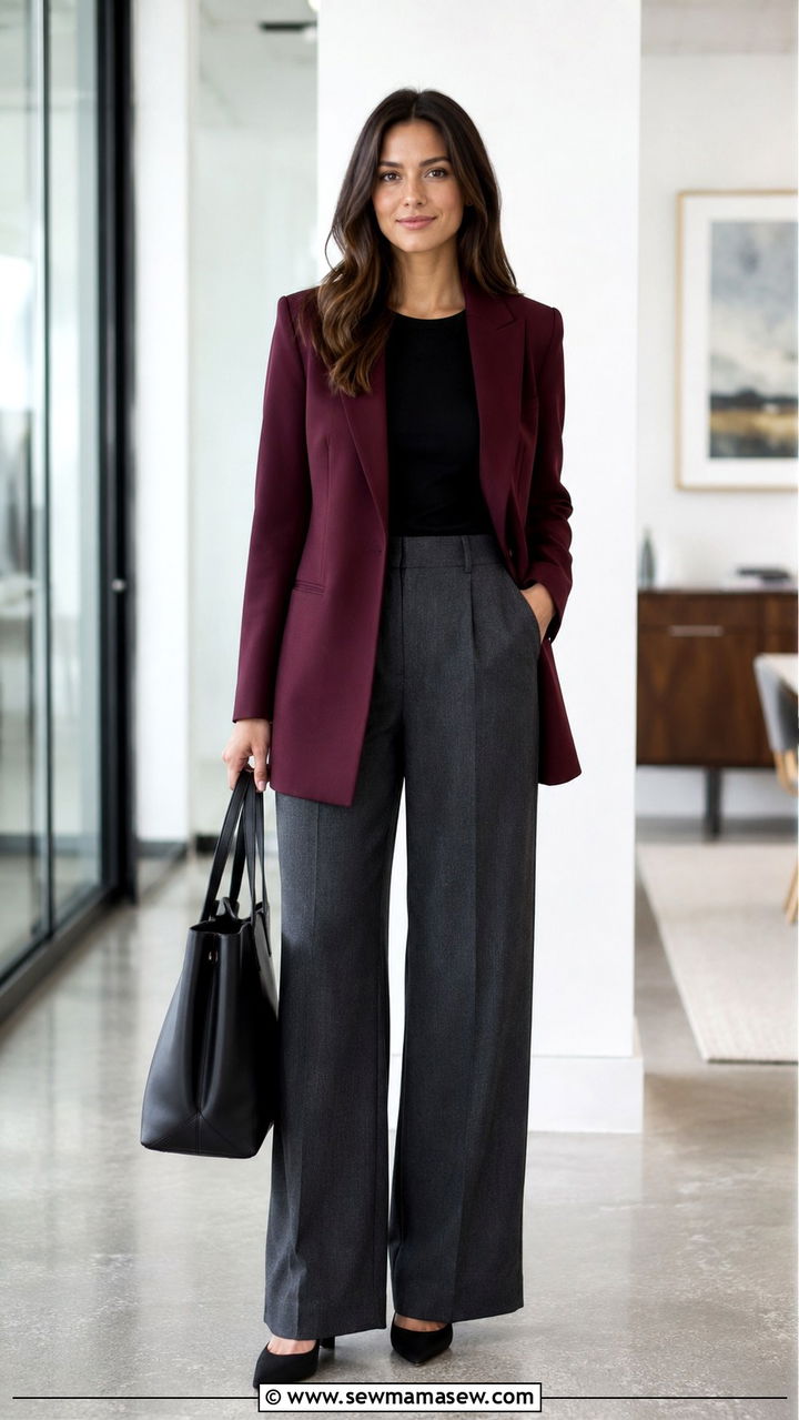 Burgundy Tailored Blazer with Charcoal Wide Leg Trousers - 30 Modest outfit ideas 2026