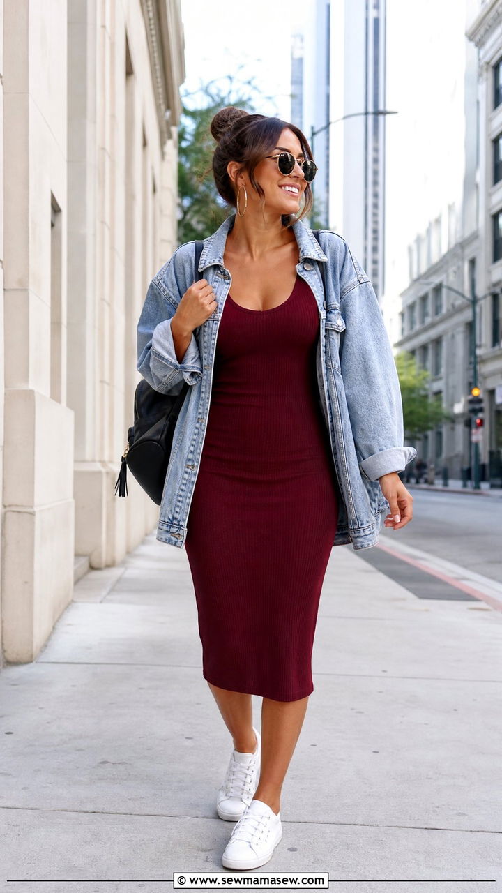 Burgundy Tank Dress With Denim Jacket - 30 Summer outfits in burgundy