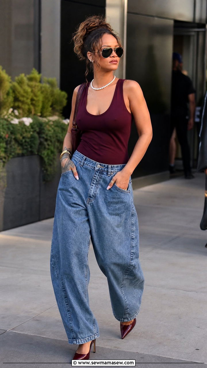 Burgundy Tank Top With Balloon Jeans and Pointed Stilettos - 25 Rihanna spring outfit ideas