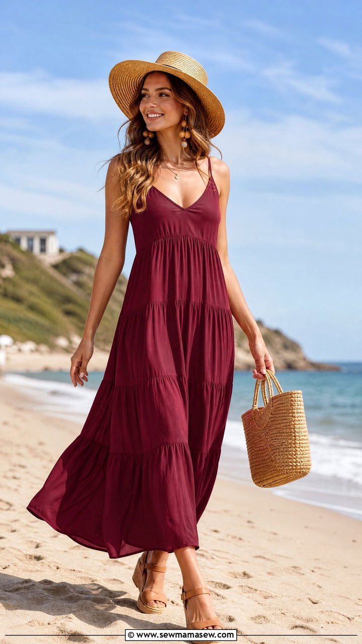Burgundy Tiered Maxi Dress With Wedges - 30 Summer outfits in burgundy