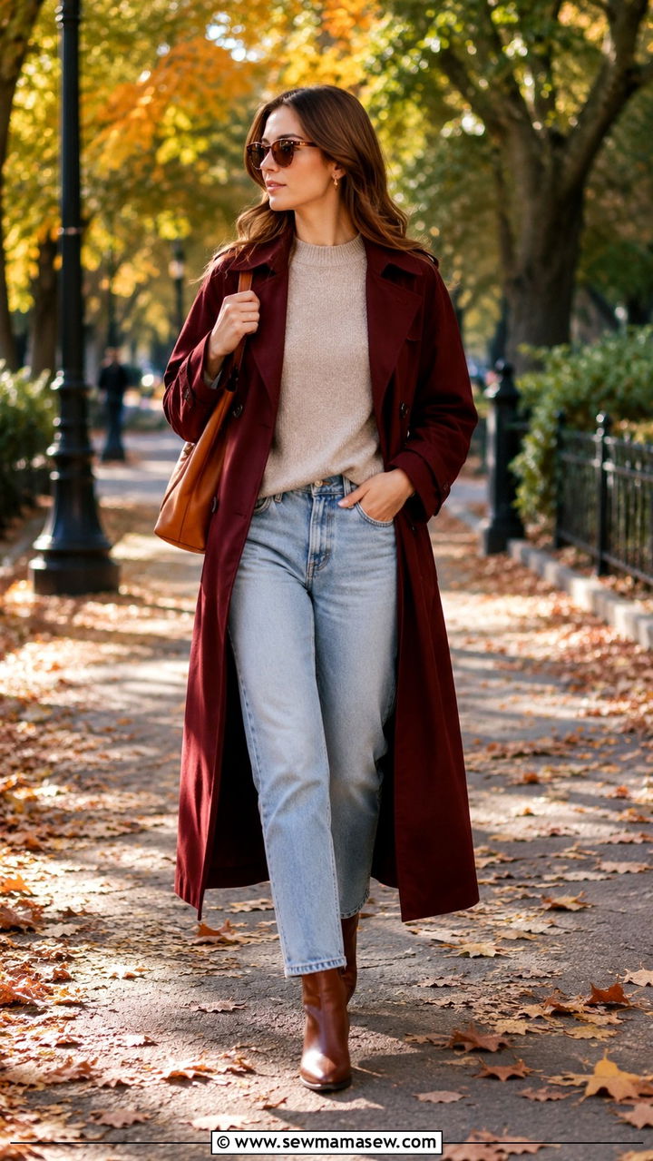 Burgundy Trench Coat with Beige Sweater and Blue Jeans - 30 Long trench coat outfit ideas with a sweater
