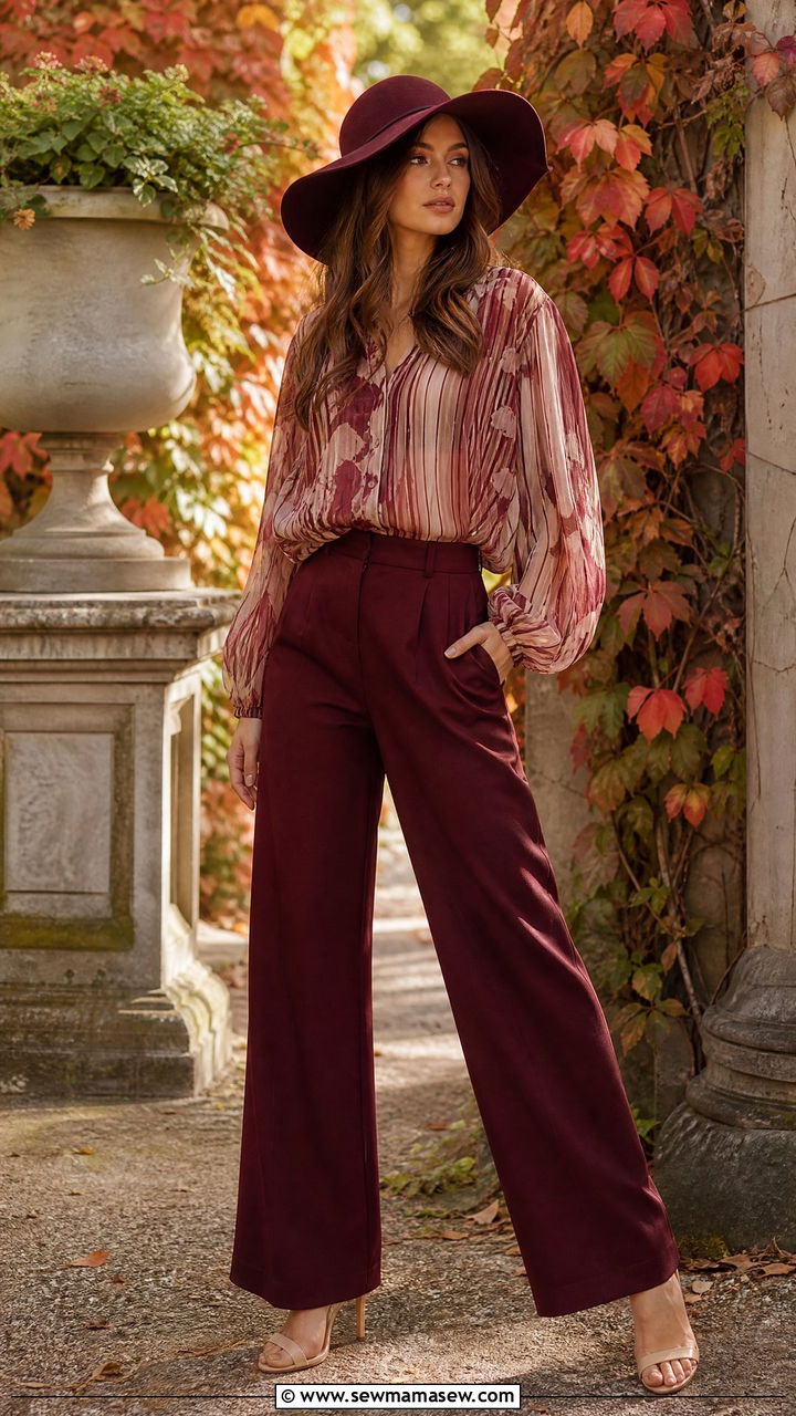 Burgundy Trousers and Printed Blouse Outfit - 30 elegant outfits ideas