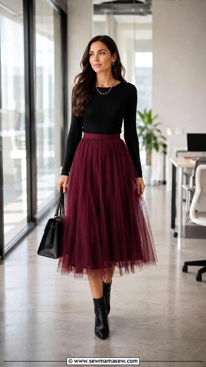 Burgundy Tulle Skirt With Black Bodysuit And Pointed Ankle Boots - 25 Tulle skirt outfit ideas for work