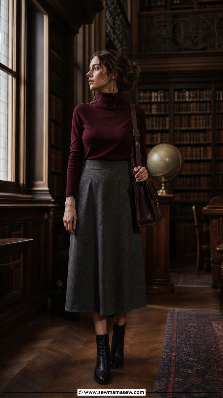 Burgundy Turtleneck With Grey Midi Skirt - 35 librarian core outfits