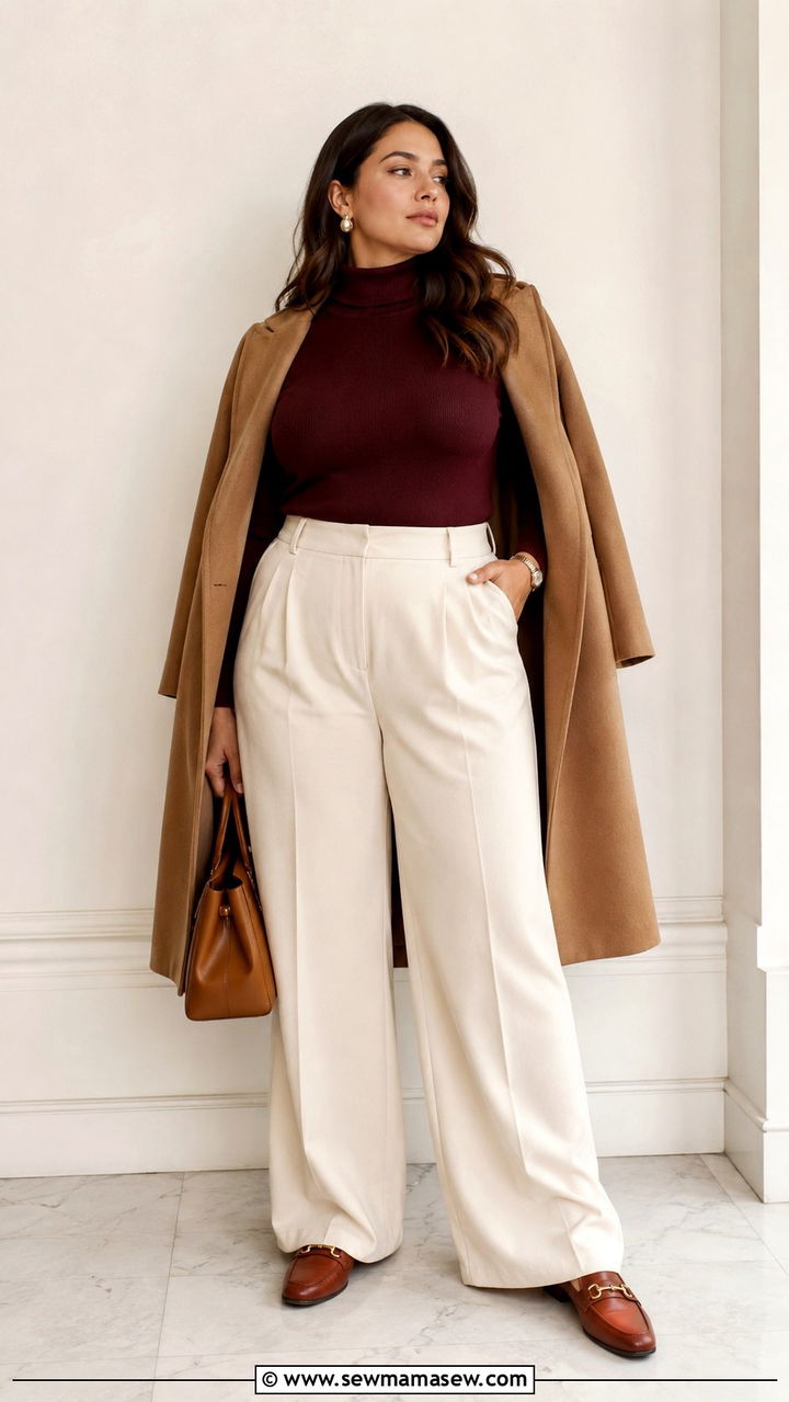 Burgundy Turtleneck and Cream Wide Leg Pants Outfit - 30 Old money outfits for curvy women