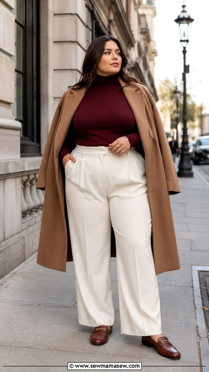 Burgundy Turtleneck with Cream Wide Leg Pants - 30 Old money outfits plus size