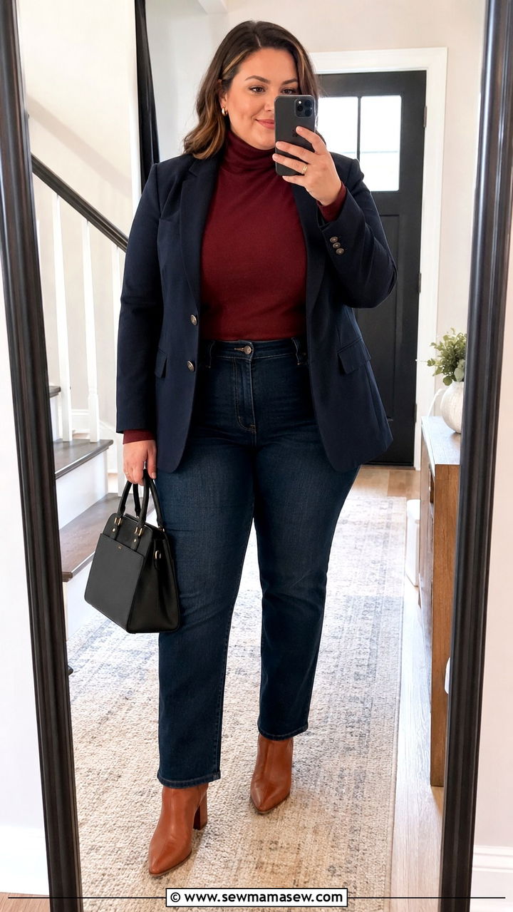 Burgundy Turtleneck with Dark Wash Jeans - 30 Plus size corporate outfit ideas