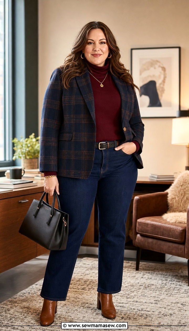 Burgundy Turtleneck with Plaid Blazer - 35 Business casual outfits plus size