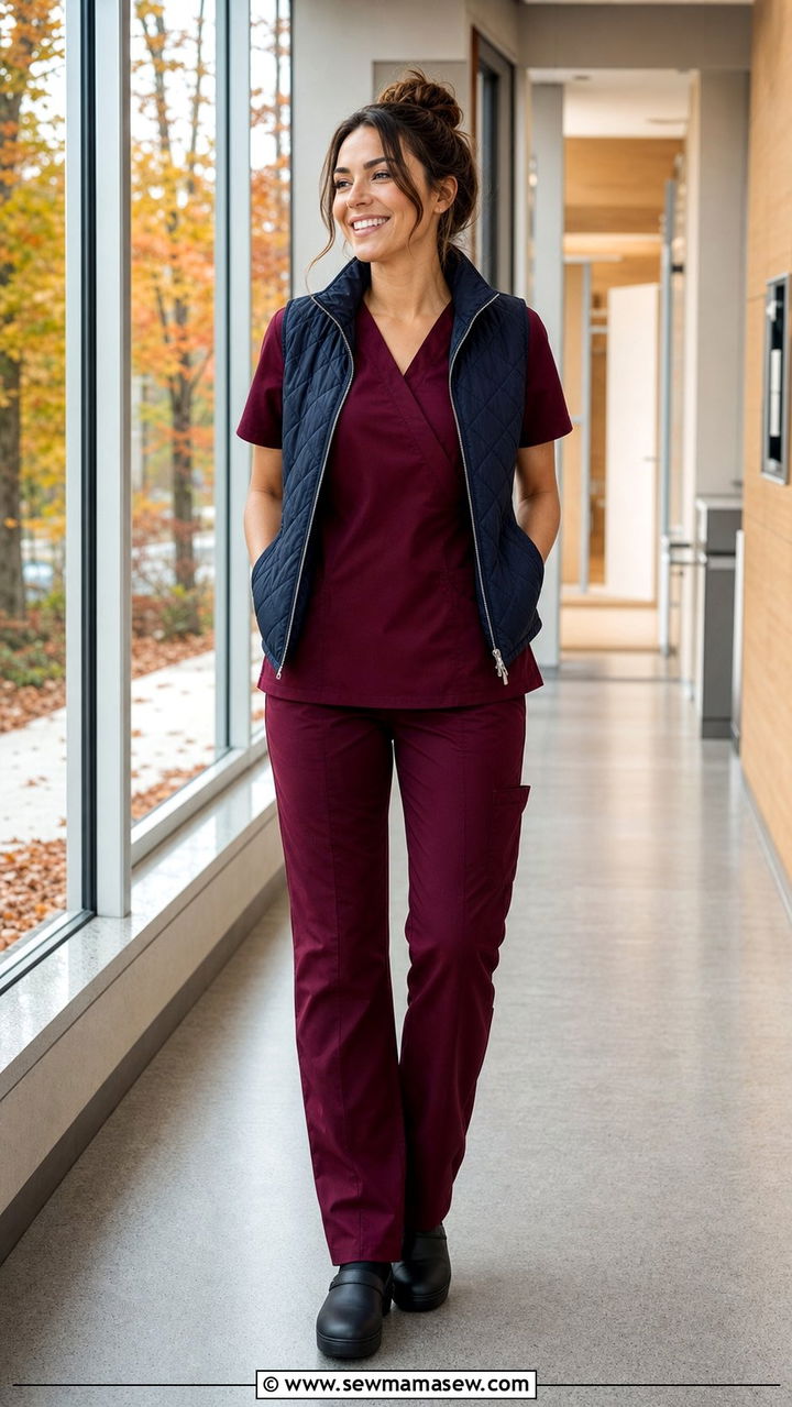 Burgundy Two Piece Scrub Set With Quilted Vest - 25 Dental assistant outfit ideas