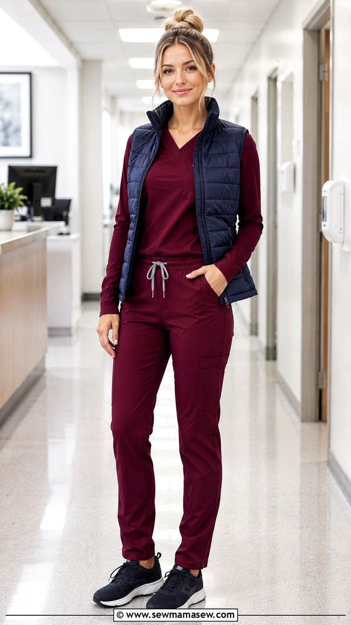 Burgundy Two Piece Scrub Set with Navy Puffer Vest - 25 Nurse practitioner outfit ideas