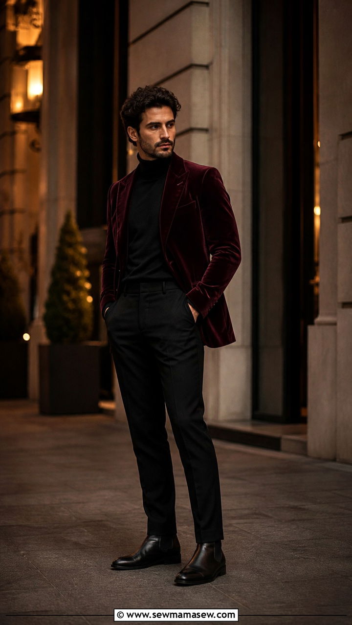 Burgundy Velvet Blazer With Black Trousers And Chelsea Boots - 40 Prom outfit ideas