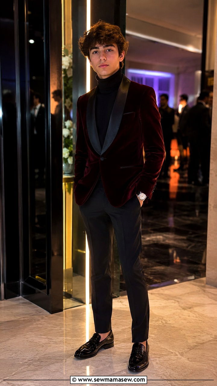 Burgundy Velvet Blazer With Black Trousers - 25 Wedding guest outfits for teens