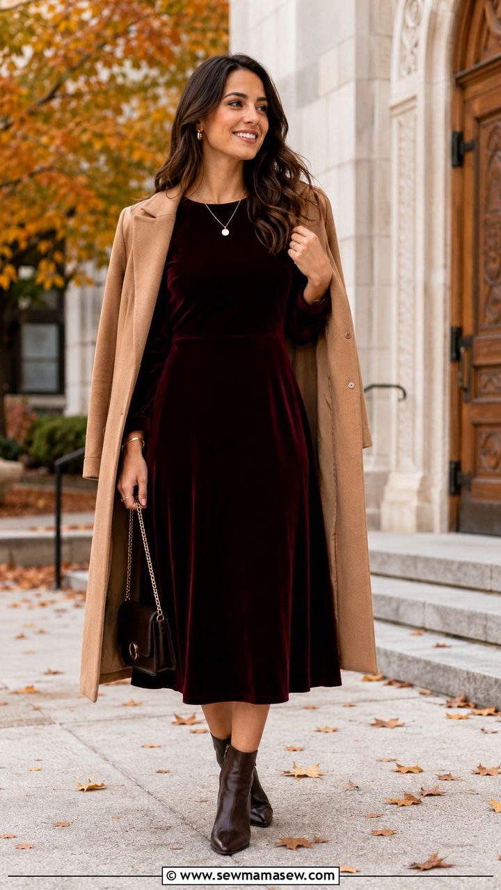Burgundy Velvet Dress for Fall Jewish Wedding - 20 Wedding guest outfit ideas Jewish wedding