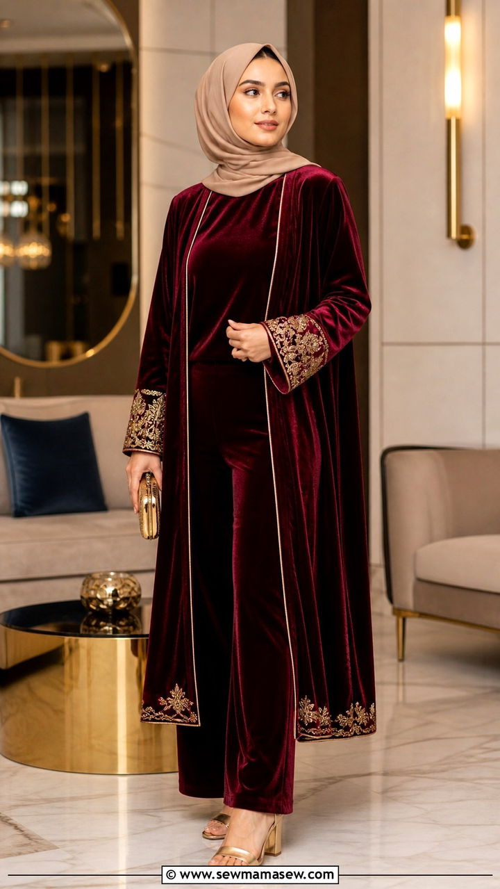 Burgundy Velvet Jumpsuit With Duster Jacket - 40 Eid outfit ideas for women
