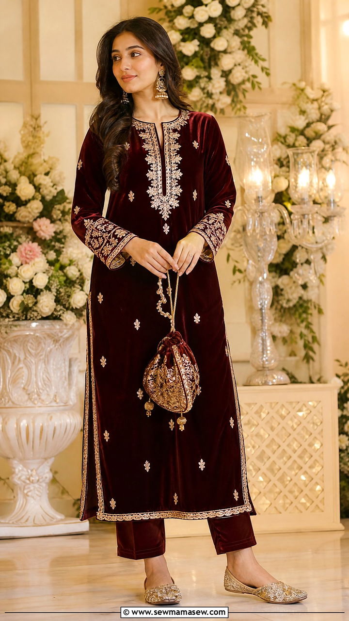 Burgundy Velvet Kurta With Pants - 25 Velvet matching set outfit ideas