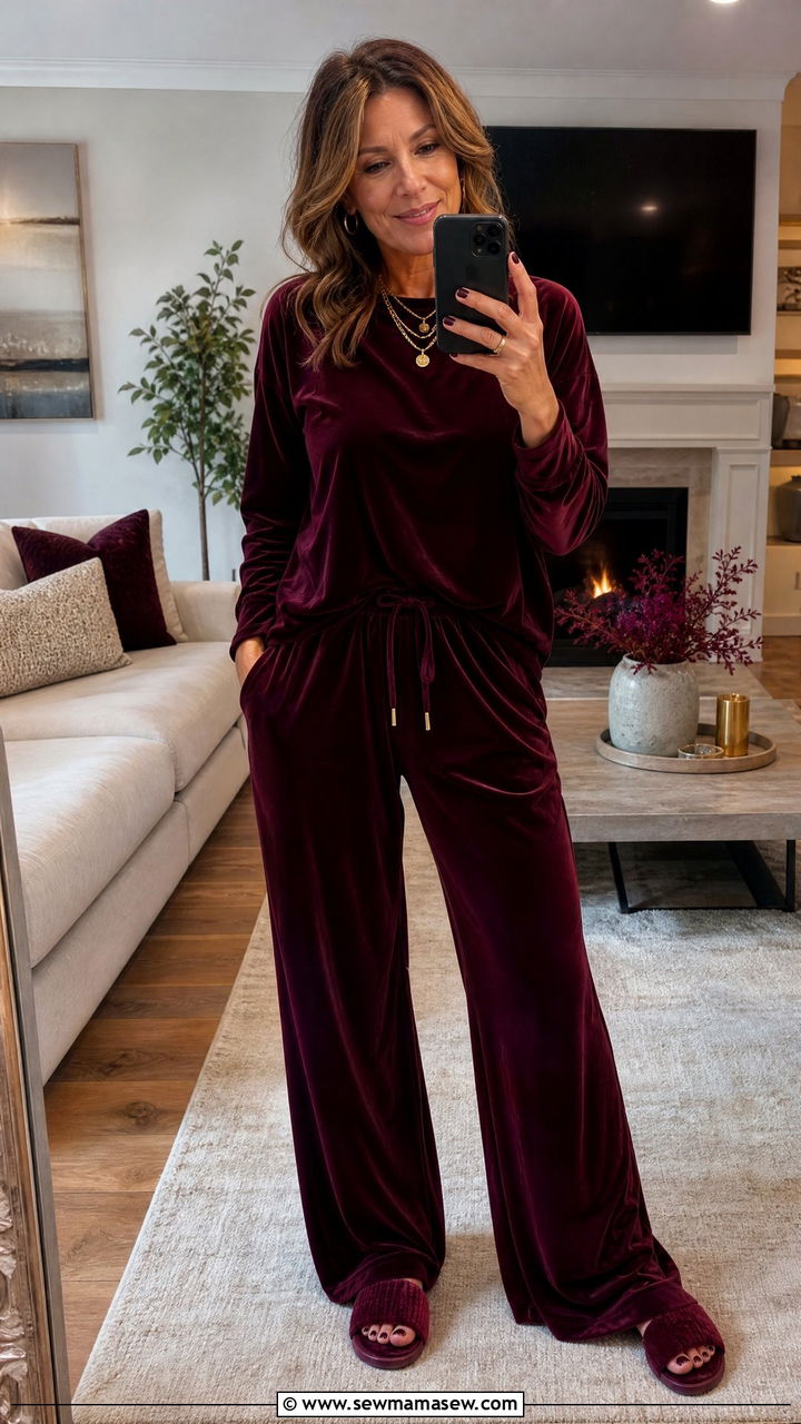 Burgundy Velvet Lounge Set With Gold Accessories - 30 Matching set outfit ideas for women over 40