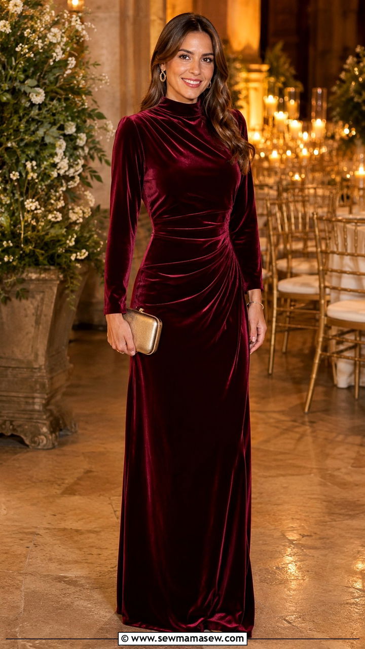 Burgundy Velvet Maxi Dress Wedding Guest - 30 modest wedding guest outfit ideas