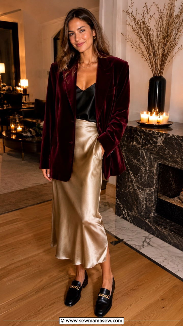 Burgundy Velvet Oversized Blazer With Satin Slip Skirt - 30 Oversized blazer outfit ideas with loafers