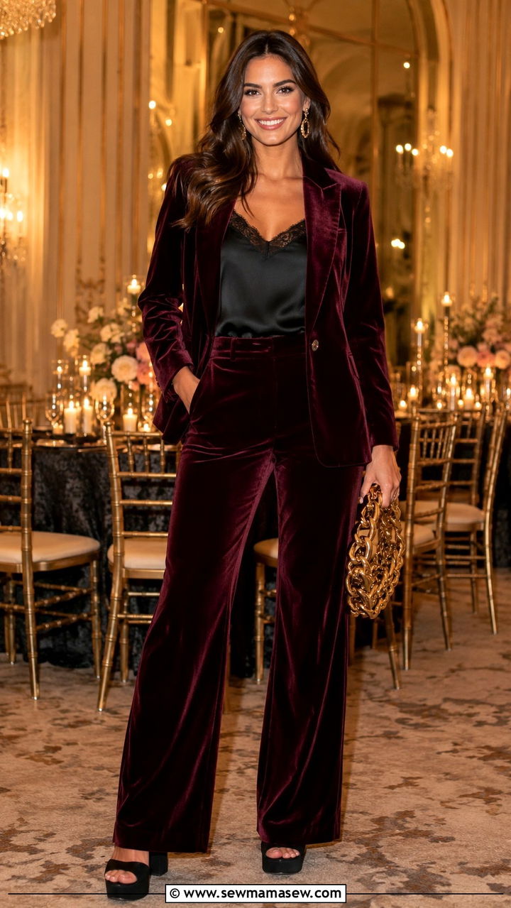 Burgundy Velvet Pantsuit For Fall And Winter Weddings - 25 Wedding guest pantsuit outfit ideas