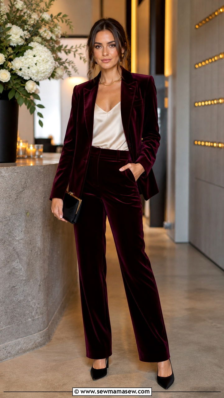 Burgundy Velvet Suit With Silk Camisole - 40 Gala outfit ideas
