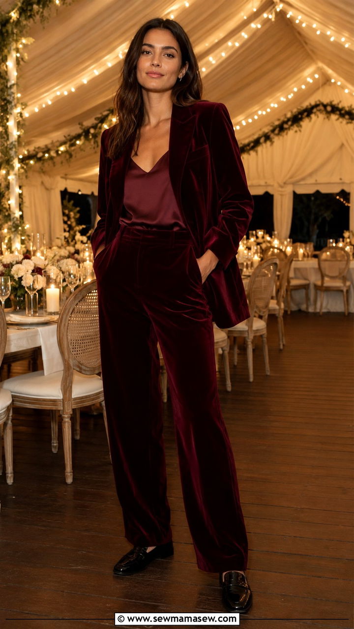 Burgundy Velvet Suit - 30 Tent wedding guest outfit ideas