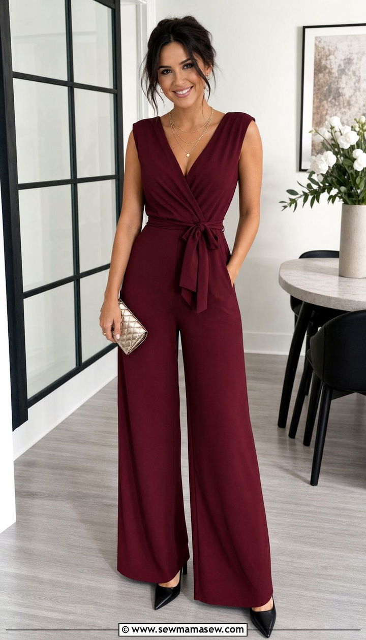 Burgundy Wide Leg Jumpsuit Baby Shower Guest Outfit - 35 Baby shower outfit ideas