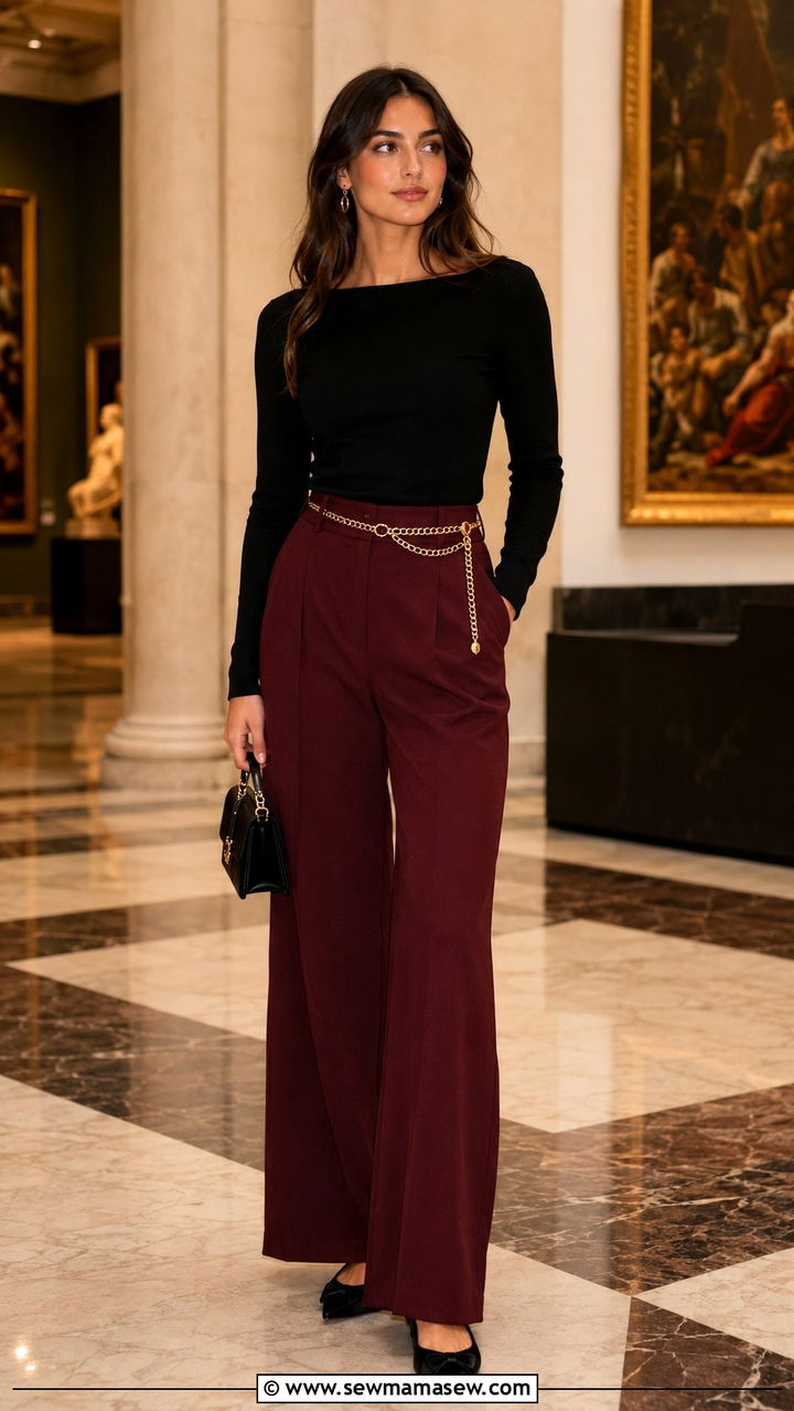 Burgundy Wide Leg Pants With Black Long Sleeve Top - 30 Modest outfit ideas with wide leg pants